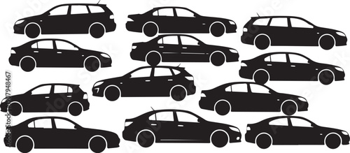Collection of black car silhouettes on white background various models