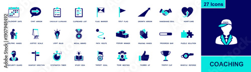 Coaching icon set. Containing mentor, goal, target, progress, checklist, training, teamwork, route, trophy, handshake, feedback, calendar, and more. Solid fill vector icons collection
