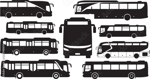 Collection of various bus silhouettes in black and white
