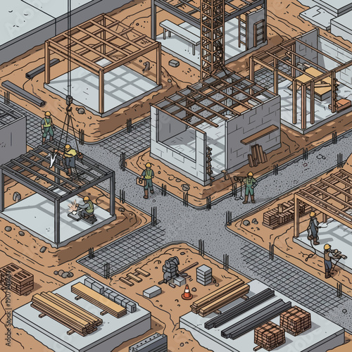 Industrial Factory Scene with Workers and Machinery.