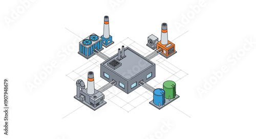 Isometric industrial complex illustration with interconnected buildings and utility structures