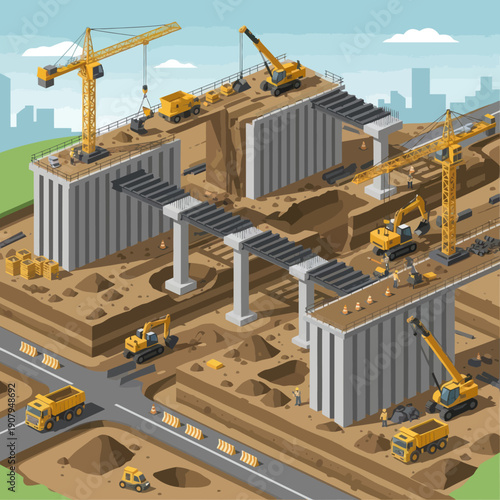 Construction Site with Cranes and Buildings Under Construction.