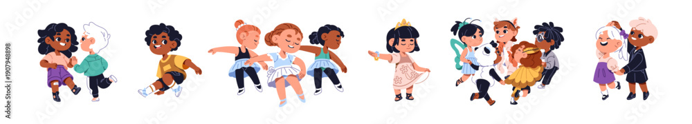 Fototapeta premium Happy children are dancing set. Cute little dancers of ballet, hip hop and breakdance. Kids move with music together. Funny boys and girls at child disco. Flat isolated vector illustrations on white