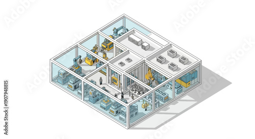 Isometric view of a modern factory floor with multiple workstations and manufacturing equipment in a clean, well-lit industrial setting