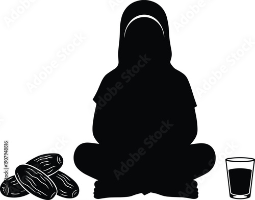 Muslim woman fasting ramadan silhouette with dates and water iftar spiritual islamic worship concept illustration