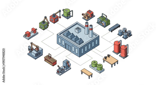 Industrial factory and automated manufacturing process flow with production machinery and assembly line elements
