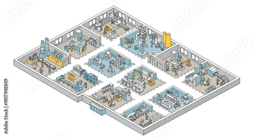 An isometric illustration depicting a clean, modern factory floor layout with various machinery and workstations organized for efficient production