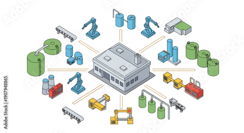 Automated factory with robotic arms and production line illustration