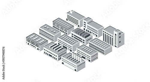 A collection of isometric industrial buildings, depicting a modern factory complex or business park with distinct structures