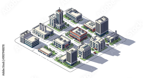 Isometric city buildings collection featuring various urban structures like offices and residential blocks with shadows cast on the ground