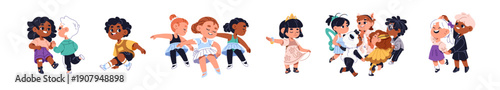 Happy children are dancing set. Cute little dancers of ballet, hip hop and breakdance. Kids move with music together. Funny boys and girls at child disco. Flat isolated vector illustrations on white
