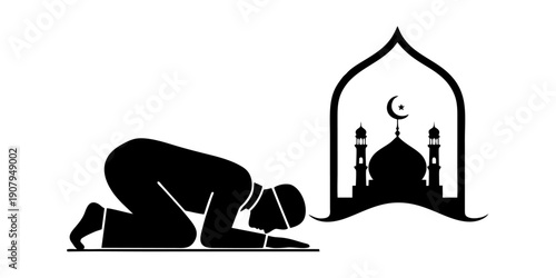 Muslim Man Praying Silhouette: Islamic Sujud Prostration with Mosque and Crescent Moon Icon