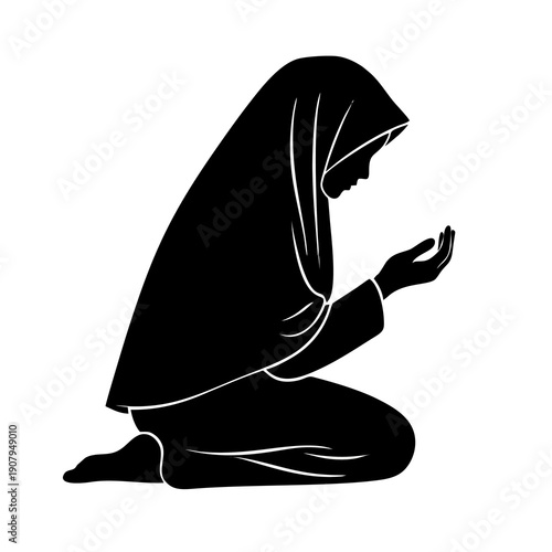 Muslim Woman Praying Silhouette: Side View of Woman in Hijab Performing Dua
