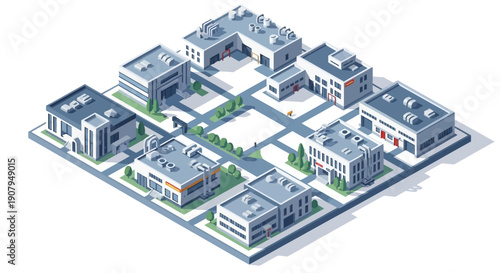 Isometric view of a city block with various modern buildings and roads, depicting urban development and infrastructure