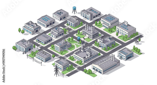 Isometric View of an Industrial District Featuring Factories, Warehouses, and Power Lines, Illustrating Urban Development and Manufacturing