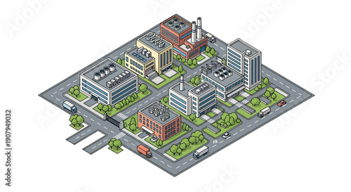 Isometric illustration of a city block featuring modern buildings, roads, and vehicles in a pixel art style