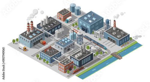 Industrial cityscape with factories, infrastructure, and a train, showcasing modern urban development and manufacturing operations