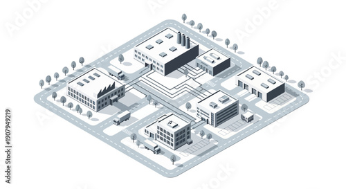 Isometric industrial park with buildings, roads, and vehicles, representing logistics and manufacturing