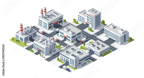 Isometric illustration of a modern industrial complex with factories, warehouses, and office buildings on a grid street layout