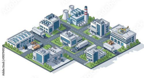 Isometric industrial complex with warehouses, factories, and office buildings, showcasing logistics and urban development