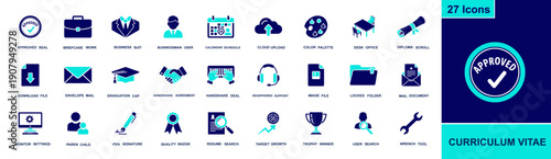 CV resume icon set. Containing briefcase, suit, interview, diploma, signature, approval seal, folder, mail, calendar, search, upload, trophy and more. Solid fill vector icons collection