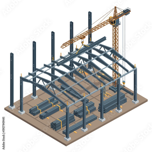3D Rendering of Construction Site with Crane.