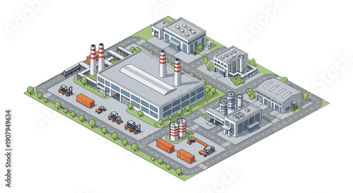 Modern Industrial Complex with Warehouses and Transportation Vehicles in an Isometric View