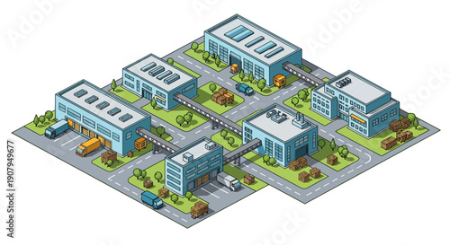 Isometric View of a Modern Industrial Complex Featuring Various Buildings, Roads, and Vehicles