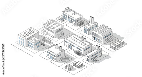 Isometric industrial factory buildings and warehouses arranged in a cityscape, representing manufacturing and production