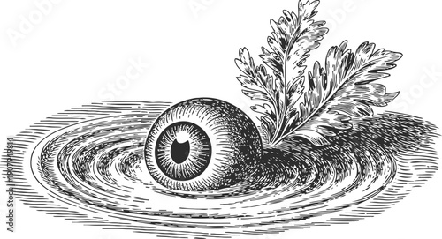 Surreal eyeball floating on water with plant leaves vintage engraving illustration