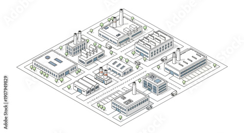 Industrial district illustration with various factory buildings and infrastructure under a clear sky