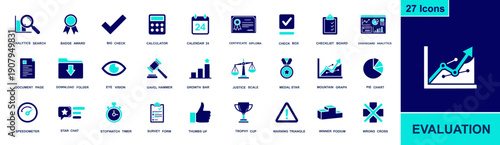 Evaluation icon set. Containing analytics, dashboard, checklist, survey, rating, certificate, award, charts, stopwatch, warning, approval, failure and more. Solid fill icons collection