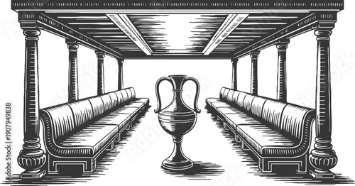 Classical wooden pergola with benches and ornamental vase centerpiece in vintage engraving