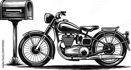 vintage motorcycle parked beside old mailbox on white background classic motorbike illustration