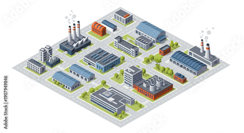 Isometric View of Industrial Buildings and Warehouses in a Cityscape Layout