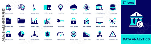 Data analytics icon set. Containing dashboard, bar chart, pie chart, database, SQL, network hub, cloud, AI brain, map pin, lock, target, alert and more. Solid fill icon collection