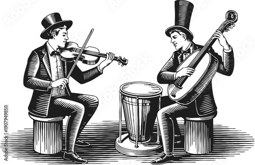 Vintage musicians playing violin and double bass wearing formal suits and top hats
