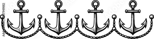 black nautical anchors with chains in a horizontal pattern, marine and sailing design elements