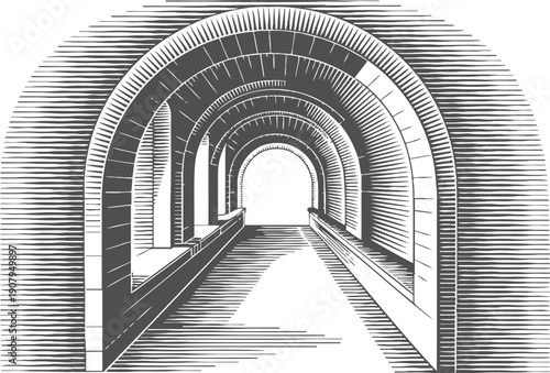 Architectural stone tunnel with rounded arches and pathway in vintage engraving