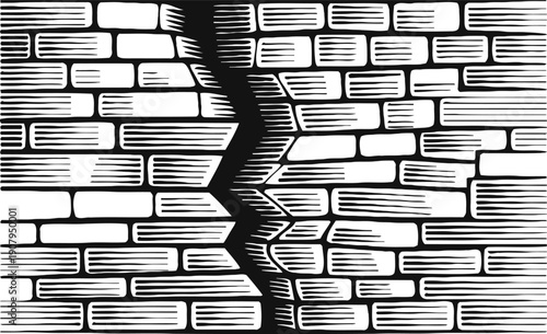 Cracked brick wall illustration with bold black and white linear shading pattern