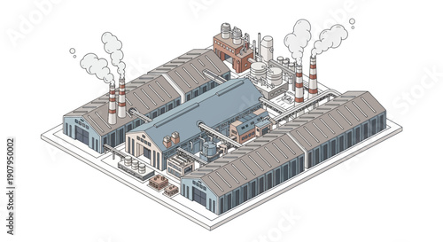 Industrial complex with smokestacks emitting smoke, illustrating manufacturing and production processes