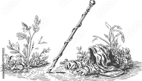 Mysterious swamp scene with sunken cloak and twisted staff emerging from water
