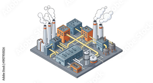 Industrial factory complex with multiple buildings, pipes, and smokestacks emitting smoke, rendered in a clean isometric illustration style
