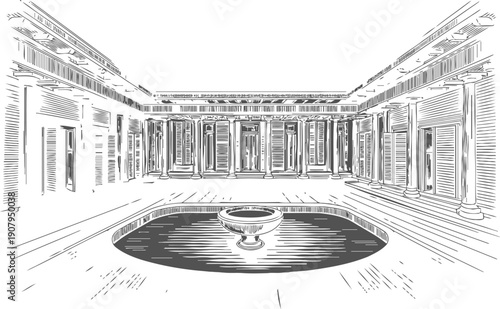 Classic roman courtyard with fountain, columns, and open space in architectural sketch