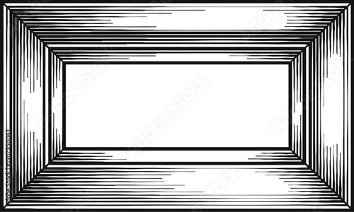 Classic wooden rectangular frame with vintage engraving style, black and white illustration