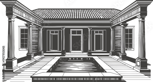 roman villa courtyard with classical columns and central pool architectural drawing