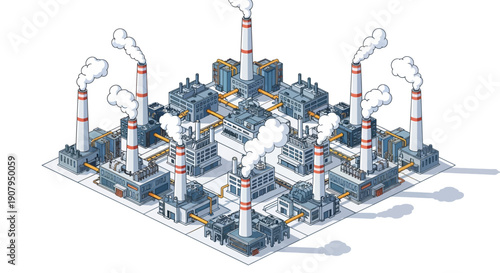 Industrial complex with multiple factories and smoking chimneys in isometric view, representing energy production and manufacturing