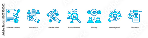 Clinical Study Methodology web banner featuring Informed Consent, Intervention, Placebo Effect, Randomization, Blinding, Control Group, and Treatment.