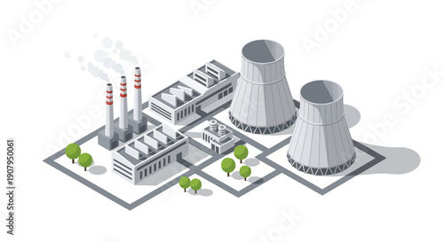 Industrial Power Plant with Cooling Towers and Smokestacks, Conceptual Illustration of Energy Production