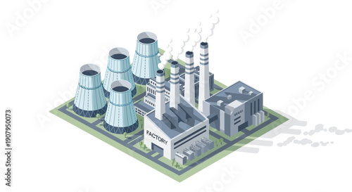 Industrial factory complex with cooling towers and smokestacks emitting steam, representing industrial production and manufacturing